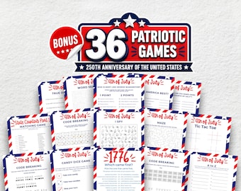 Paquete de juegos 250 años, Juegos del 4 de julio, 250.º aniversario, Estados Unidos 250, Guerra de Independencia, EE. UU. 250 años, Imprimibles del 4 de julio, Trivia