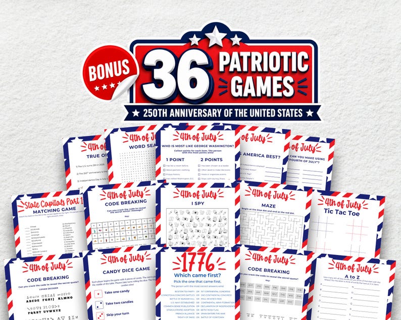 Puede incluir: Un conjunto de 36 juegos patri&oacute;ticos para el 250 aniversario de los Estados Unidos. Los juegos incluyen b&uacute;squedas de palabras, laberintos, rompecabezas de c&oacute;digos y juegos de emparejamiento, todos con un tema rojo, blanco y azul.