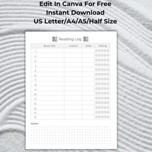 Tracciatore di libri modificabile e registro di lettura, diario di lettura, tracciatore di lettura PDF, sfida di lettura, lettera USA/A4/A5/mezza dimensione