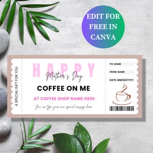 Cupón de café editable para el Día de la Madre, boleto para una cita con café, invitación para una cita con café, regalo para mamá, plantilla editable, regalo para mamá, carta de EE. UU.