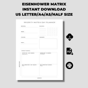 Matriz de decisiones de Eisenhower, gestión de proyectos, volcado de ideas, administrador de prioridades de tareas, tomador de decisiones, planificador de tareas para TDAH, carta/A4/A5/media página
