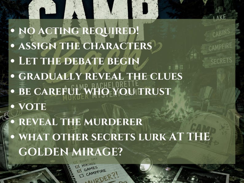 Puede incluir: Imagen promocional de un juego de misterio de asesinato ambientado en un campamento. La imagen presenta texto como "&iexcl;No se requiere actuar!" y "Revela al asesino". Tambi&eacute;n se ven una fogata, una linterna y una gorra de b&eacute;isbol.