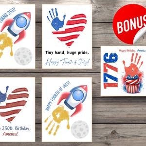 Puede incluir: Una colecci&oacute;n de tarjetas de felicitaci&oacute;n patri&oacute;ticas con el tema del 4 de julio. Los dise&ntilde;os incluyen un cohete, huellas de manos, una bandera estadounidense en forma de coraz&oacute;n y los textos "America Turns 250!" y "Happy Fourth of July!"