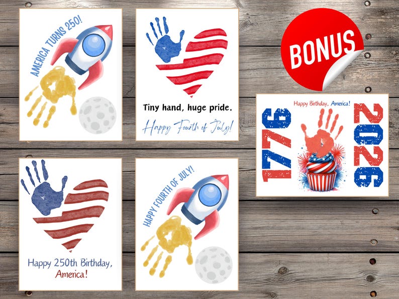 Puede incluir: Una colecci&oacute;n de tarjetas de felicitaci&oacute;n patri&oacute;ticas con el tema del 4 de julio. Los dise&ntilde;os incluyen un cohete, huellas de manos, una bandera estadounidense en forma de coraz&oacute;n y los textos "America Turns 250!" y "Happy Fourth of July!"