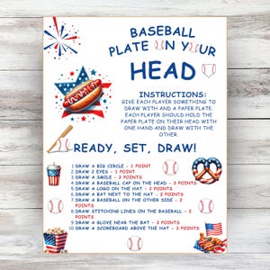 Puede incluir: Un letrero de juego de fiesta con temática de béisbol con gráficos rojos, blancos y azules. El letrero dice "Baseball Plate on Your Head" e incluye instrucciones para dibujar varios elementos relacionados con el béisbol en un plato de papel. Incluye un perrito caliente, una pelota de béisbol y un pretzel.