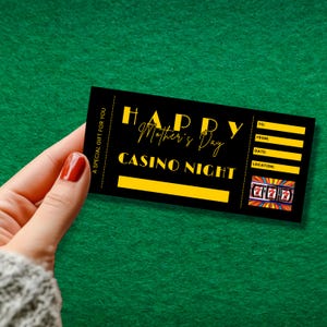 Cupón editable para una noche de casino por el Día de la Madre, boleto para una noche de casino, invitación para una noche de casino, regalo para mamá, plantilla editable, carta de EE. UU.