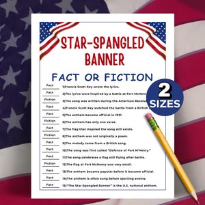 May include: A white poster with the title "Star-Spangled Banner" and the subtitle "Fact or Fiction." The poster includes a list of facts and fiction about the anthem, with a pencil and a "2 Sizes" button. The background is an American flag.
