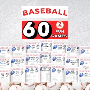 May include: A collection of baseball-themed game sheets with the word "BASEBALL" in red at the top. The number "60" is prominently displayed, along with "2 SIZES FUN GAMES". Baseballs are at the bottom.