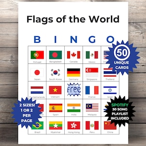 May include: A white bingo card titled "Flags of the World" with a grid of international flags. Includes text: "50 Unique Cards", "2 Sizes! 1 or 2 per page", and "Spotify 30 Song Playlist Included".