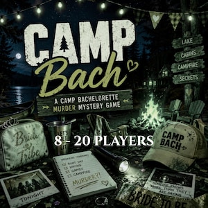 Puede incluir: Un juego de misterio Camp Bach con tem&aacute;tica de acampada. La imagen muestra un sombrero, una bolsa con "Bride Tribe", un bloc de notas con "Murder?!" y una linterna. El juego est&aacute; dise&ntilde;ado para 8-20 jugadores. El tema es una despedida de soltera.