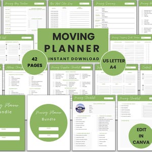 May include: A green and white printable moving planner bundle with 42 pages. The planner includes checklists, contact lists, and moving supply checklists. The text "Moving Planner Bundle" is in a green circle. The text "Edit in Canva" is in a green circle. The text "US Letter A4" is in a green rectangle. The text "42 Pages" is in a green circle.