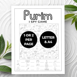 May include: Black and white Purim I Spy Game printable. The game features a patterned background with Purim-themed icons and the text "Purim I Spy Game". Includes circles with the text "1 OR 2 PER PAGE" and "LETTER & A4".