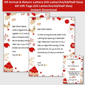 Cartas de correspondencia de elfos editables, "Estoy de vuelta" y "Adiós", etiquetas de regalo de Papá Noel, carta de "Estoy de vuelta", carta de "Adiós", tamaño carta de EE. UU./A4/A5/medio