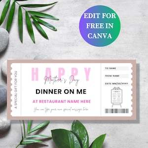 Cupón editable para cena del Día de la Madre, boleto para cena, invitación para cena, regalo para mamá, plantilla editable, regalo para mamá, carta de EE. UU.
