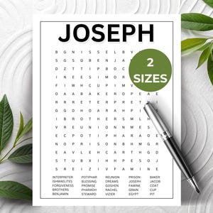 May include: A black and white word search puzzle with the name "JOSEPH" at the top. The puzzle includes words like "INTERPRETER" and "FAMINE". A silver pen rests on the page, and a green circle indicates "2 SIZES".