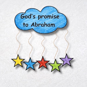 May include: A hand-drawn illustration featuring a blue cloud with the text "God's promise to Abraham." Below the cloud, five colorful stars hang by strings. The stars are yellow, blue, red, green, and purple.