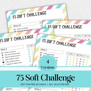 Pode incluir: Quatro versões de um planejador imprimível "75 Soft Challenge". Cada página tem uma borda geométrica colorida e inclui seções para metas semanais e acompanhamento. O texto inclui "Siga um plano de refeições" e "Exercício diário de 45 minutos."