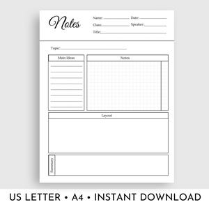 Printable Cornell Note Taking Template, University Class Note Paper ...