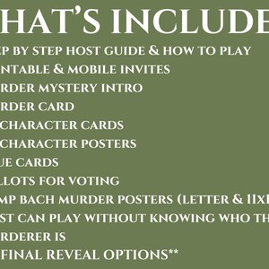 Puede incluir: Un gr&aacute;fico verde oliva enumera el contenido de un juego de misterio. El texto blanco dice "QU&Eacute; INCLUYE" en la parte superior. Las vi&ntilde;etas detallan elementos como una gu&iacute;a del anfitri&oacute;n, invitaciones, tarjetas de personajes, tarjetas de pistas y papeletas de votaci&oacute;n.