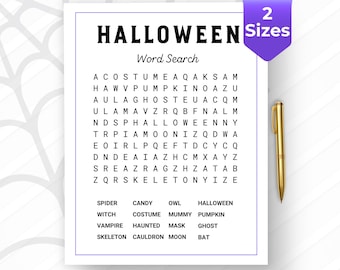 May include: Halloween-themed word search puzzle with the word "Halloween" at the top. The puzzle includes words like "spider," "witch," and "vampire." A gold pen rests on the right side of the page. The top right corner has a purple banner with the number "2" and the word "Sizes".