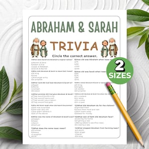 May include: A trivia game sheet titled "Abraham & Sarah Trivia" with multiple-choice questions. The sheet features illustrations of Abraham and Sarah, and the text "2 Sizes" is in a green circle. A pencil rests on the sheet.