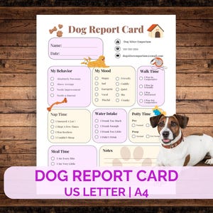 犬の成績表、ペットトラッカー、ペットプランナー、犬のデイケア成績表、ドッグシッターテンプレート、犬の世話、ペット成績表、レター/A4
