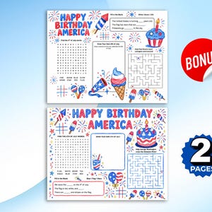 Puede incluir: Dos p&aacute;ginas de actividades con tem&aacute;tica patri&oacute;tica. Las p&aacute;ginas presentan el texto "HAPPY BIRTHDAY AMERICA" con ilustraciones de fuegos artificiales, una magdalena y un helado. Una p&aacute;gina incluye una b&uacute;squeda de palabras y un laberinto.