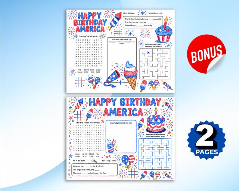 Puede incluir: Dos p&aacute;ginas de actividades con tem&aacute;tica patri&oacute;tica. Las p&aacute;ginas presentan el texto "HAPPY BIRTHDAY AMERICA" con ilustraciones de fuegos artificiales, una magdalena y un helado. Una p&aacute;gina incluye una b&uacute;squeda de palabras y un laberinto.