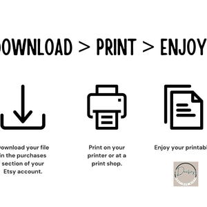 Puede incluir: Fondo blanco con texto e iconos negros. El texto dice "&iexcl;DESCARGAR > IMPRIMIR > DISFRUTAR!". Las instrucciones incluyen descargar el archivo, imprimir y disfrutar del imprimible. Un logotipo est&aacute; en la esquina inferior derecha.