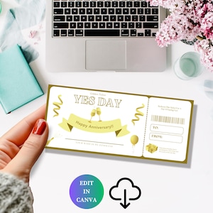 Vale de regalo de aniversario Yes Day Golden Ticket editable, vale Yes Day, regalo de aniversario, PDF editable, regalo para esposo, regalo para esposa, carta de EE. UU./A4
