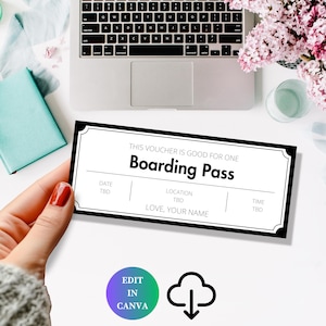 May include: A printable boarding pass template with black and white text. The text says "This voucher is good for one Boarding Pass".  The template has fields for date, location, and time. The text "LOVE, YOUR NAME" is at the bottom of the template.