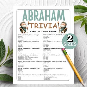 May include: A white paper with "ABRAHAM TRIVIA" in teal and brown, featuring trivia questions and answers. Includes illustrations of an old man with a staff. A pencil and a "2 SIZES" sticker are also visible.