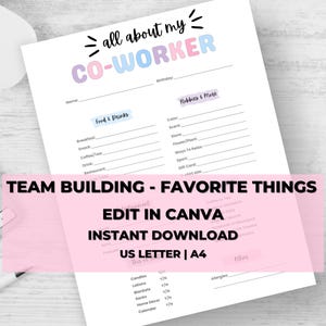 Editable All About My Coworker Team Building Get To Know Me Questionnaire Printable, Employee Favorites, Favorite Things List, Letter/A4
