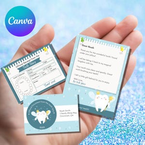 May include: A blue and green tooth fairy receipt card with a tooth fairy illustration and a checklist for lost teeth. The card also includes a note from the tooth fairy to a child named Noah.
