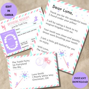 May include: A printable tooth fairy receipt and note set with a pink, blue, and white color scheme. The receipt has a tooth chart and a space for the tooth fairy to sign. The note says "Dear Luna, Thank you for the wonderful tooth I found under your pillow!" and is decorated with stars and a fairy wand.