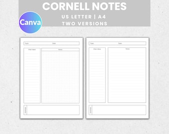 Editable Cornell Notes Template, Cornell Template, Cornell Method, Cornell Journal, Cornell Notebook, Academic Printable PDF, Letter/A4