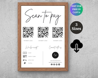 Plantilla editable de escaneo para pagar, letrero de pago, plantilla de lista de precios, letrero de salón, déjanos una reseña, letrero con código QR para redes sociales, 8x10/Carta/5x7
