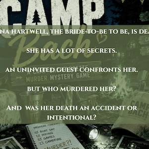 Puede incluir: Portada de libro con el t&iacute;tulo "Camp Bach" y el texto "Sienna Hartwell, la futura novia, est&aacute; muerta. Tiene muchos secretos." La imagen incluye un bloc de notas, una linterna y un sombrero.