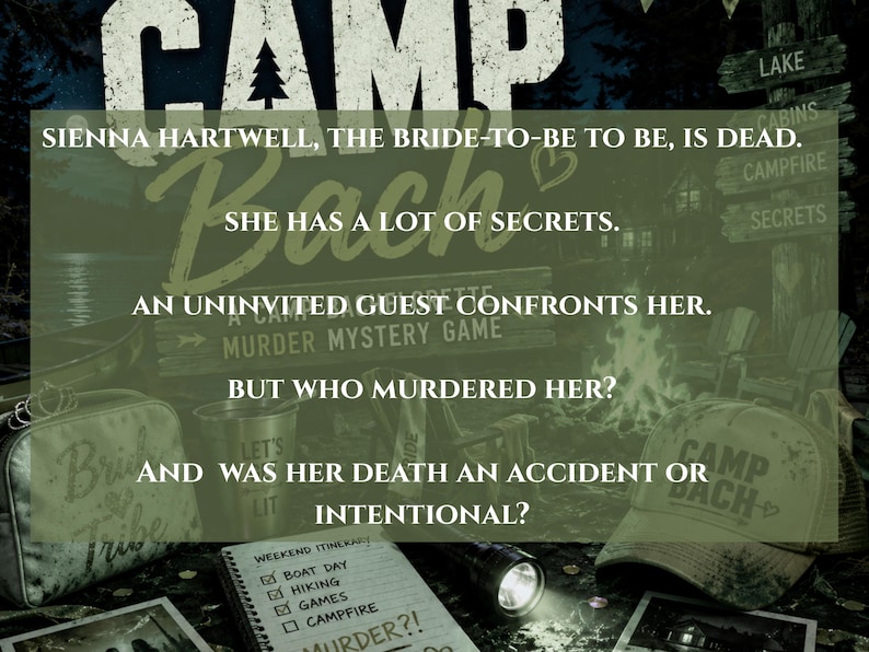 Puede incluir: Portada de libro con el t&iacute;tulo "Camp Bach" y el texto "Sienna Hartwell, la futura novia, est&aacute; muerta. Tiene muchos secretos." La imagen incluye un bloc de notas, una linterna y un sombrero.