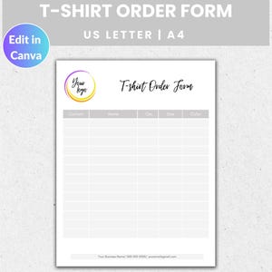 Formulario de pedido de camisetas editable, plantilla de formulario de pedido de camisetas, formulario de pedido personalizado, formularios de pedido imprimibles, formulario de pedido de compra, tamaño carta/A4
