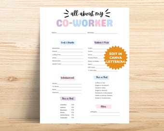 Editable All About My Coworker Team Building Get To Know Me Questionnaire Printable, Employee Favorites, Favorite Things List, Letter/A4