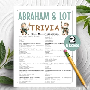 May include: A trivia game sheet titled "Abraham & Lot Trivia" with questions and answers. The design includes illustrations of Abraham and Lot, with the text in a playful font. A pencil and a "2 sizes" sticker are also visible.