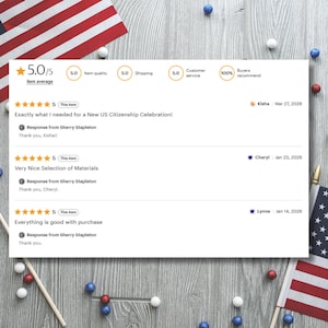 Puede incluir: Captura de pantalla de rese&ntilde;as de clientes con una calificaci&oacute;n de 5,0/5 estrellas. Las rese&ntilde;as mencionan una celebraci&oacute;n de la ciudadan&iacute;a estadounidense y buenos materiales. Banderas americanas y bolas decorativas en el fondo.