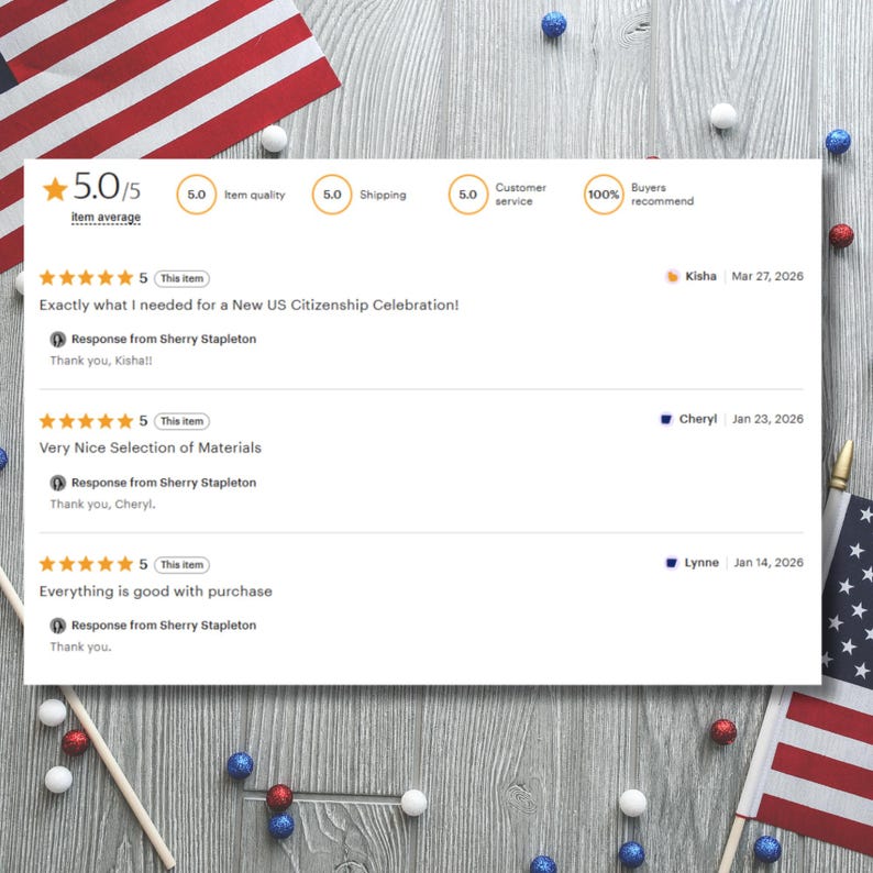 Puede incluir: Captura de pantalla de rese&ntilde;as de clientes con una calificaci&oacute;n de 5,0/5 estrellas. Las rese&ntilde;as mencionan una celebraci&oacute;n de la ciudadan&iacute;a estadounidense y buenos materiales. Banderas americanas y bolas decorativas en el fondo.