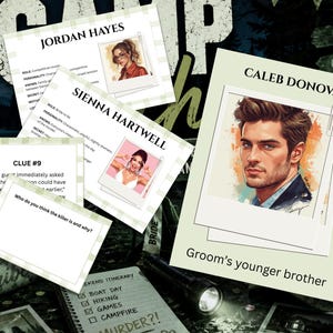 Puede incluir: Un conjunto de tarjetas de juego y pistas para una fiesta de misterio de asesinato. Las tarjetas presentan retratos de personajes, incluyendo a Jordan Hayes y Caleb Donovan, y pistas como "Clue #9". La escena se completa con un itinerario de fin de semana y una linterna.