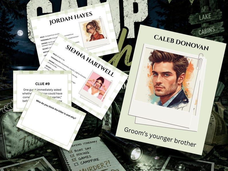 Puede incluir: Un conjunto de tarjetas de juego y pistas para una fiesta de misterio de asesinato. Las tarjetas presentan retratos de personajes, incluyendo a Jordan Hayes y Caleb Donovan, y pistas como "Clue #9". La escena se completa con un itinerario de fin de semana y una linterna.