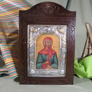 BYZANTINE SAINT EUGENEIA Antique wood Plaque with metal, rare wood framed Christian Orthodox Greek Wood framed Plaque made in Greece