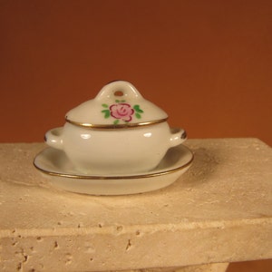 MINIATURE SOUP TERRINE, Small soup terrine with lid,two piece tiny soup terrine on platter,Miniature Soup Terrine on Platter with removable