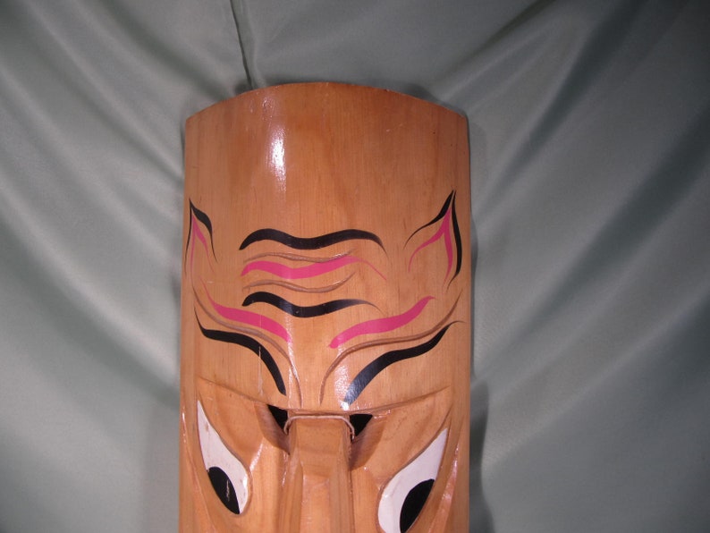 VINTAGE TIKI MASK Carved Mask Large Restaurant Decor Wood Mask Wall Hanging 2 feet tall tribal smiling face wall hanging folk art mask
