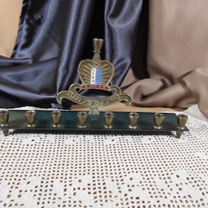 ANTIQUE MENORAH made in Israel, Brass and Patina 9 inch wide Meorah candle Stand, Made in Israel Menorah and Candle, Antique Menorah Candle